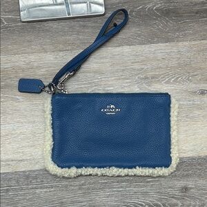 Coach Blue Wristlet with Shearling Trim